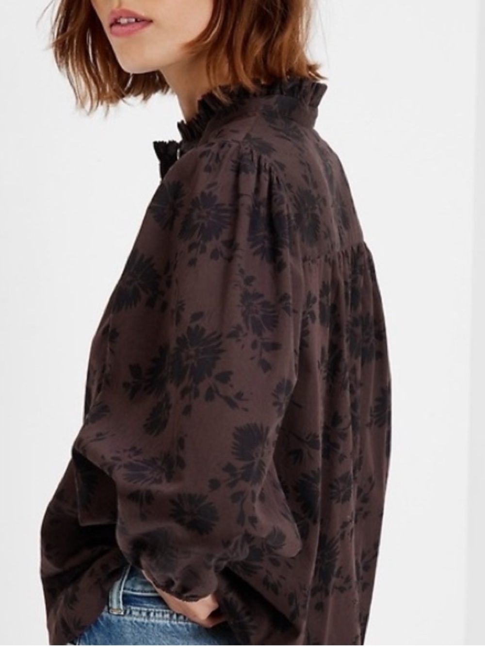 GAP Dark Floral Puff Sleeve Mockneck Blouse XS